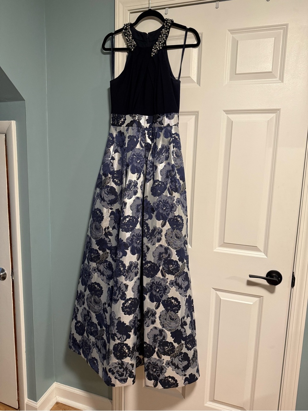 Eliza J Navy and White Floral Maxi Dress with Embellished Halter